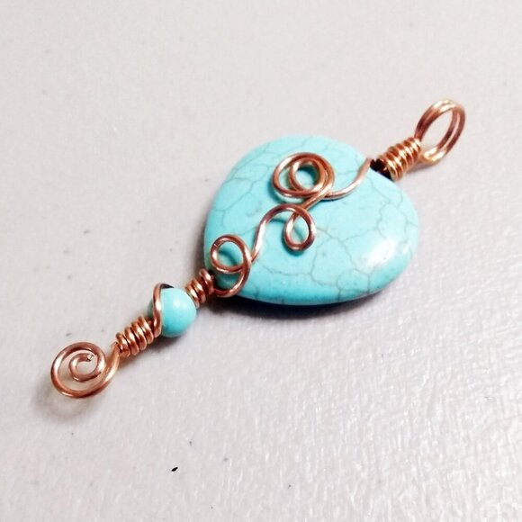 Large Turquoise Howlite Heart Pendant - Unique Copper Wire Wrapped Design - Picture 1 of 9